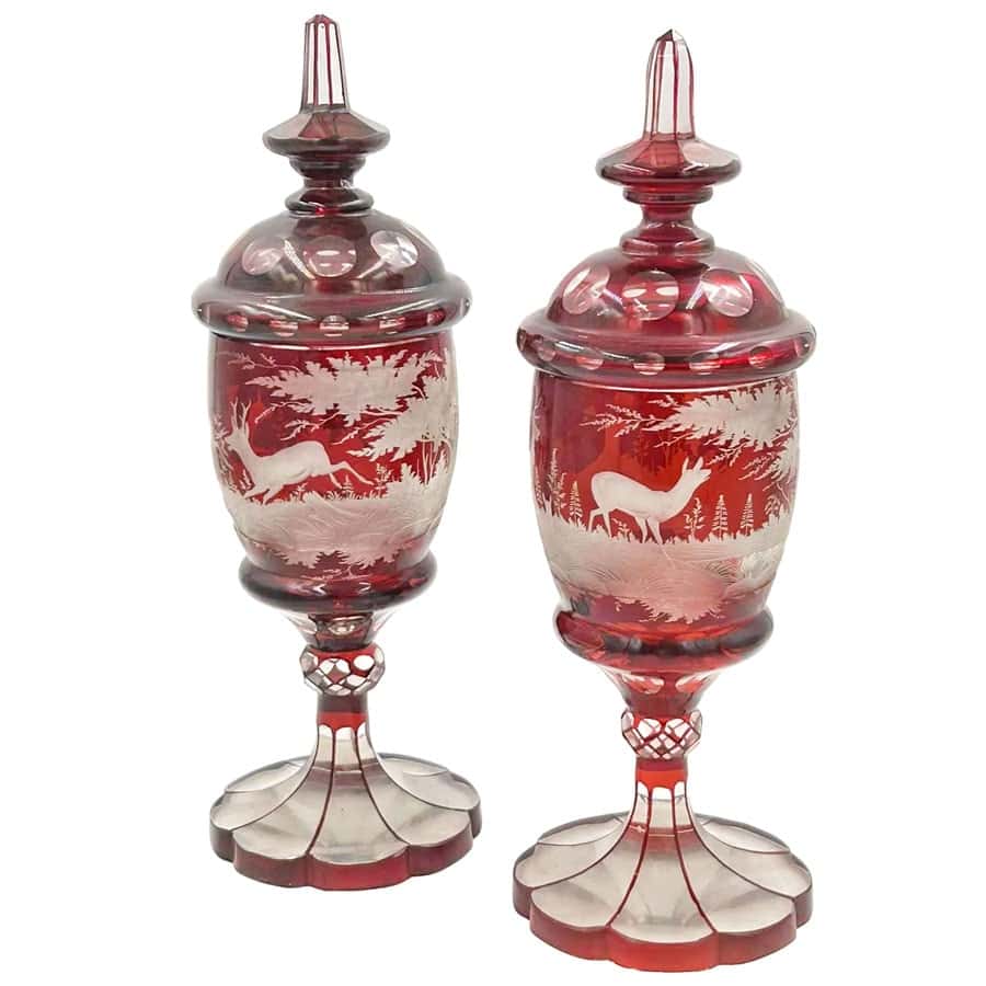 Gorgeous, Bohemian, Cut Glasses with Deer and Boar- Intricate Forest store Scenes- Cut Glass, Engraved- Controlled Bubbles- Trees, Hunting